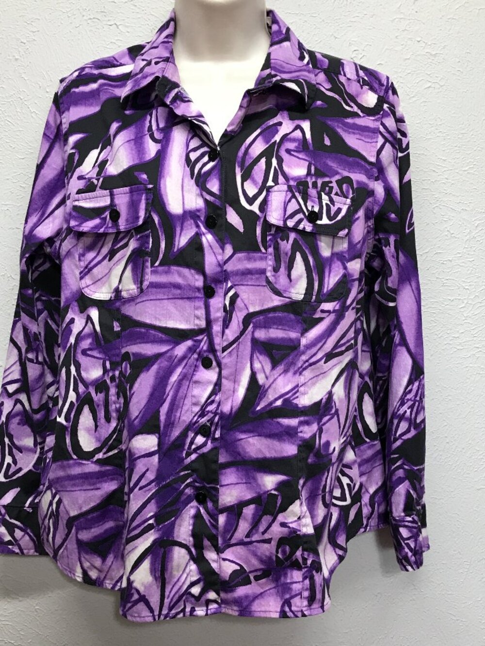 Chico's Additions Size 2 Womens Large Purple Leaf Print Button Up Shirt Pockets